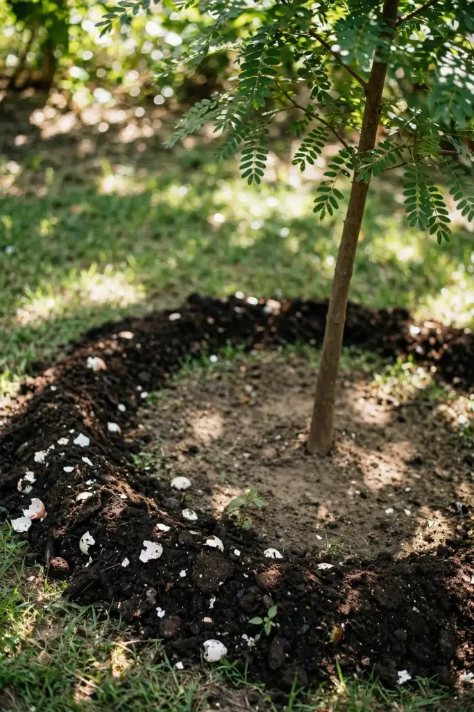 Ring of compost spread around the drip line of a sarguelas tree