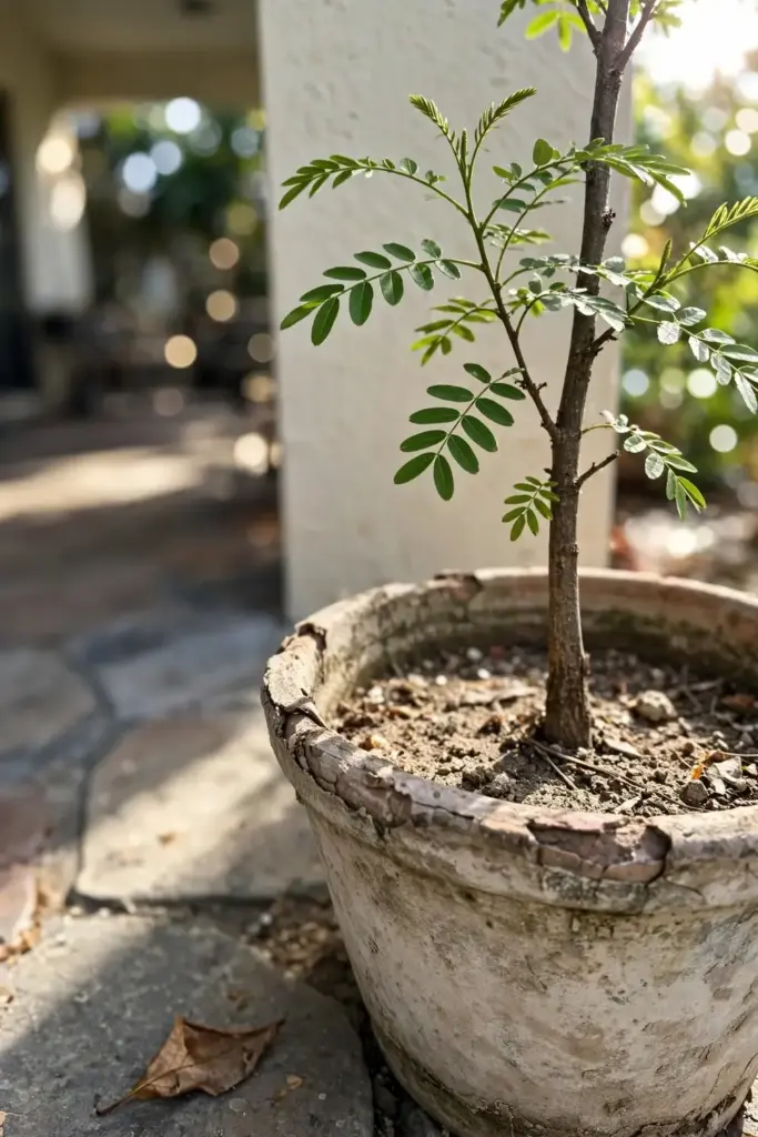 Young sarguelas tree growing in a large container on a patio