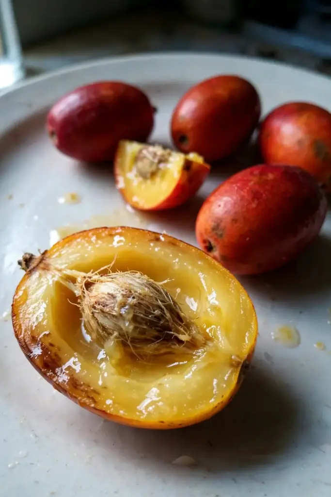 Halved sarguelas showing juicy yellow flesh around the hard seed stone