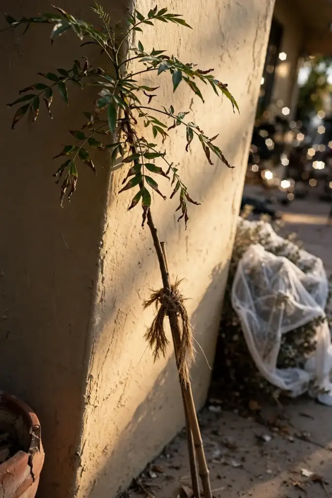 Young sarguelas tree growing beside a house wall in a warm US backyard