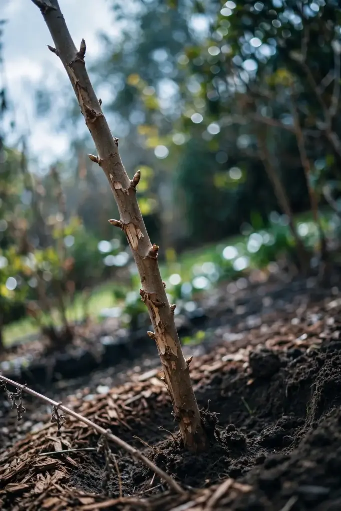 Four-foot sarguelas cutting planted deep in garden soil at the rains