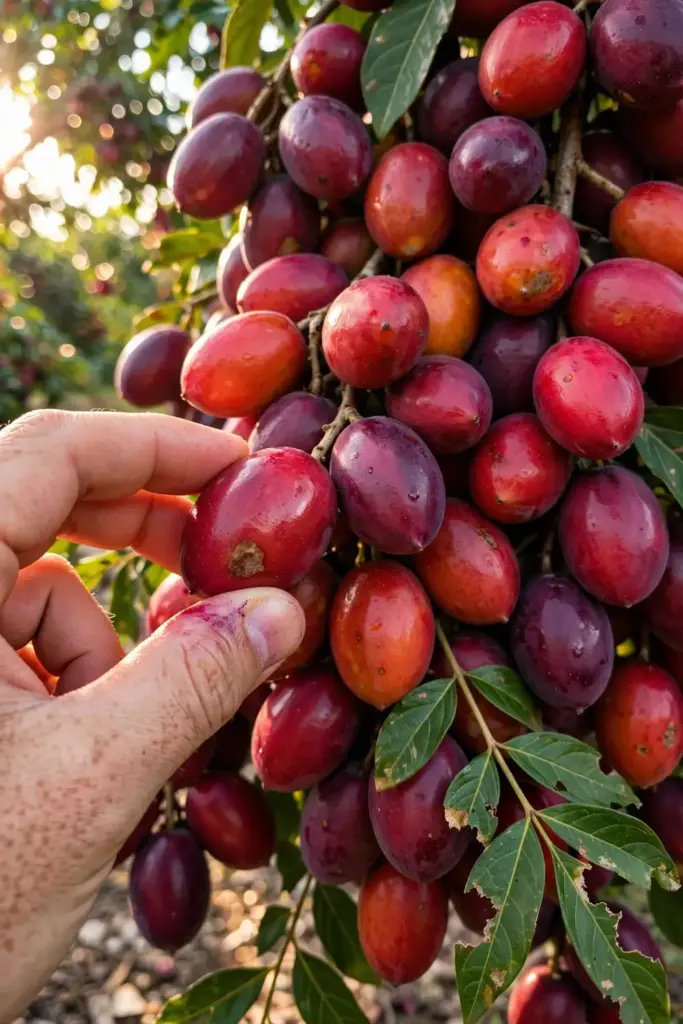 Hand picking ripe red sarguelas fruit from the branch at full color