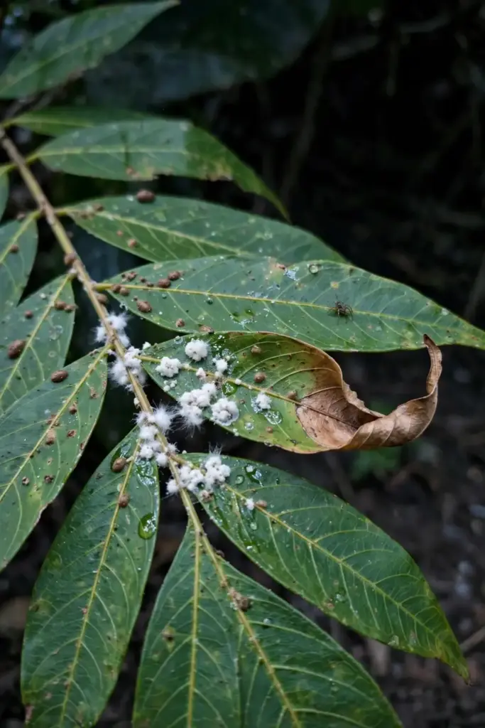Sarguelas leaf with cottony mealybug patches and minor pest damage