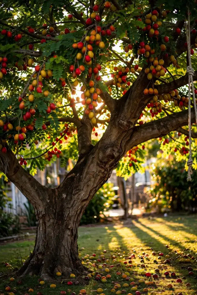 Mature sarguelas tree heavy with fruit at harvest season