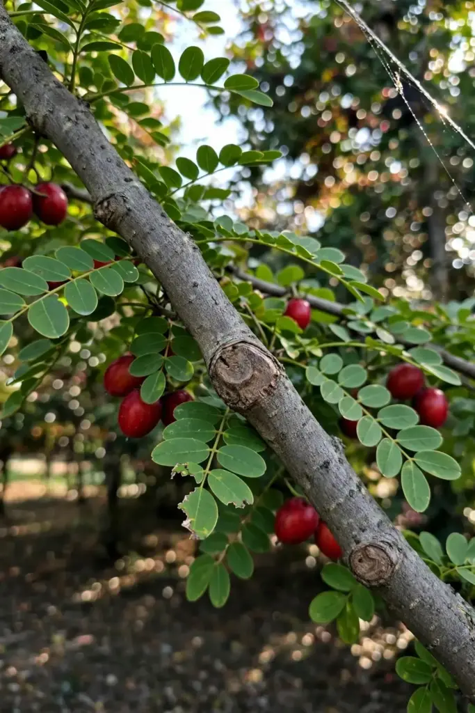 Thick mature sarguelas branch on a fruiting mother tree ready for cutting
