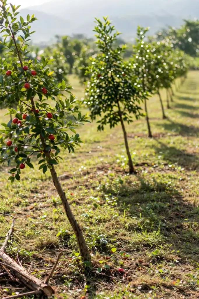 Row of young sarguelas trees spaced widely in an orchard