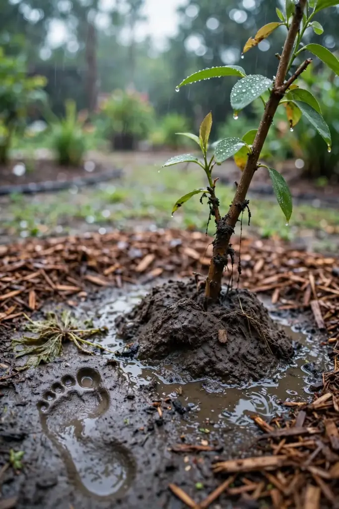 Freshly planted sarguelas cutting with dark wet soil mounded at its base