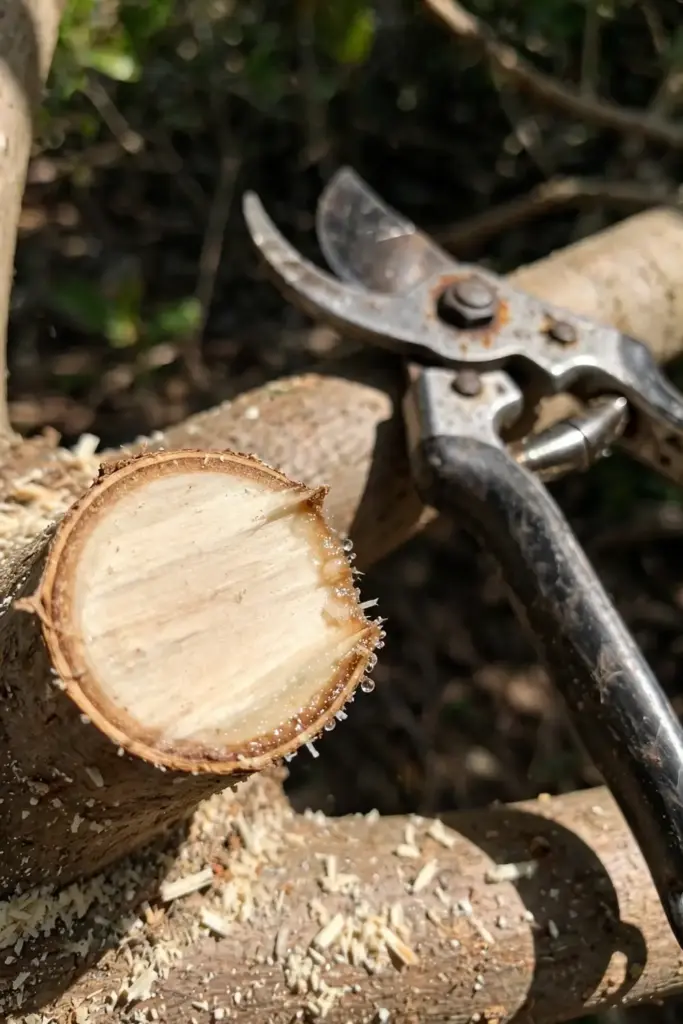 Clean pruning cut on a sarguelas branch with pruning shears resting nearby