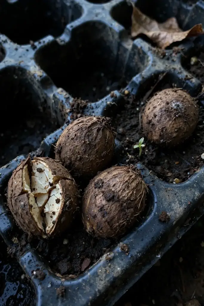 Hard sarguelas seed stones on moist soil in a seed tray