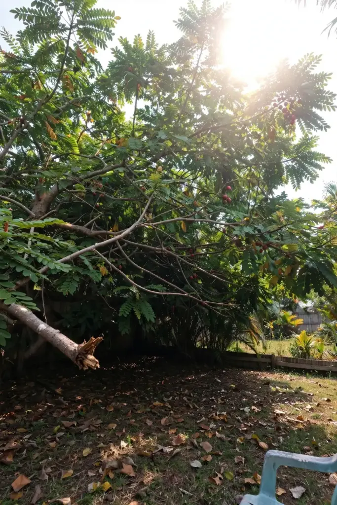 Sarguelas tree with spreading canopy in a hot tropical backyard