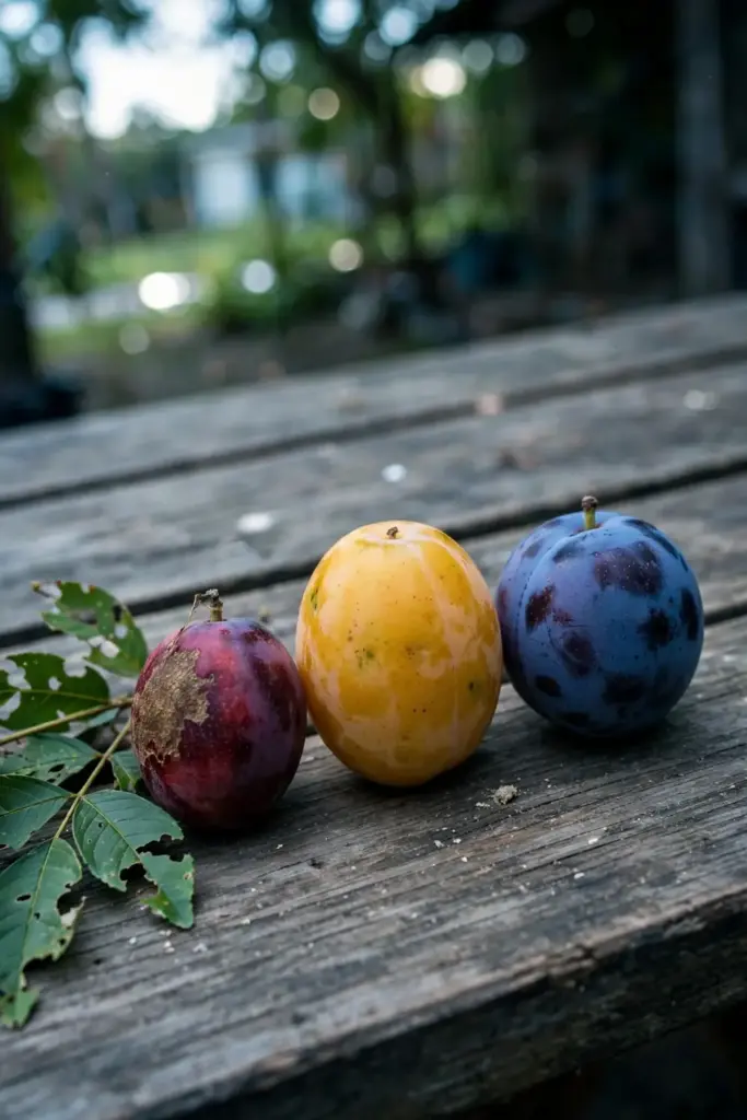 Three different plum-like fruits side by side on a wooden table for comparison