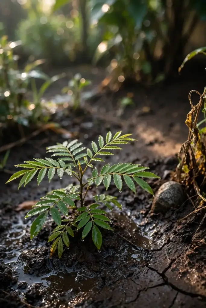 Water soaking into the soil around a young sarguelas tree