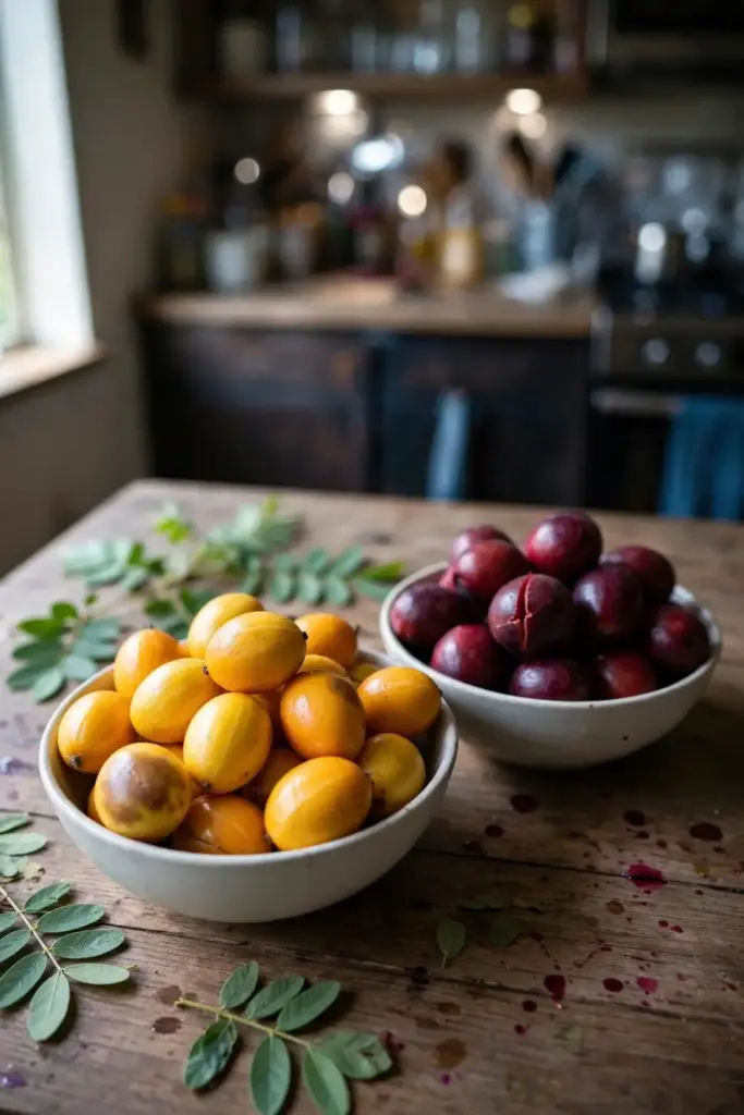 Two bowls of sarguelas fruit, one yellow and one dark red purple