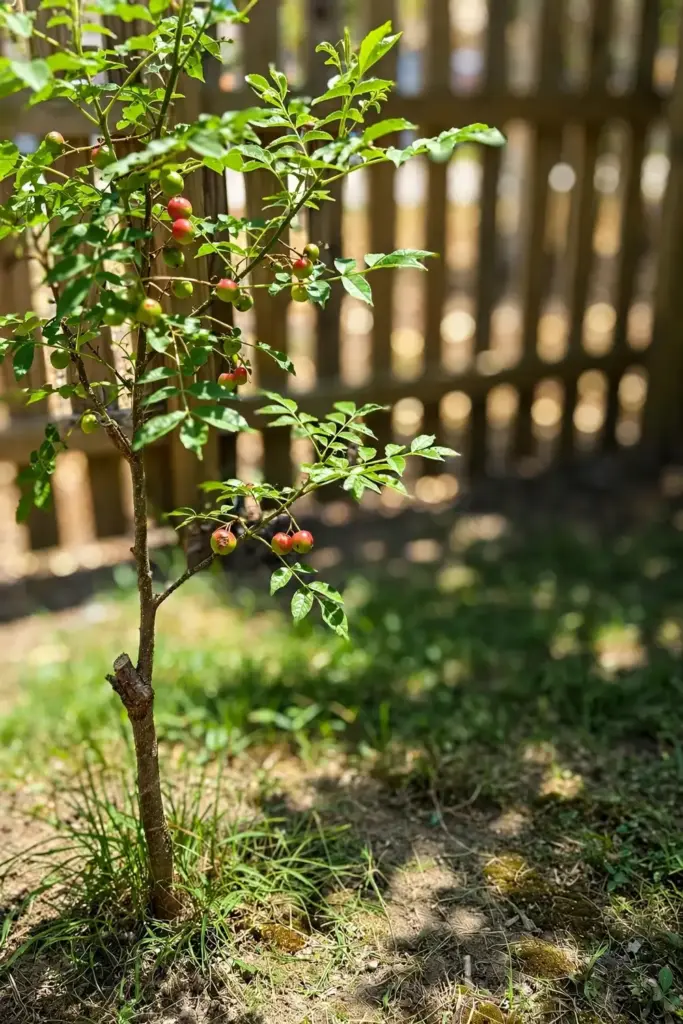 Two-year-old sarguelas tree carrying its first small crop of fruit