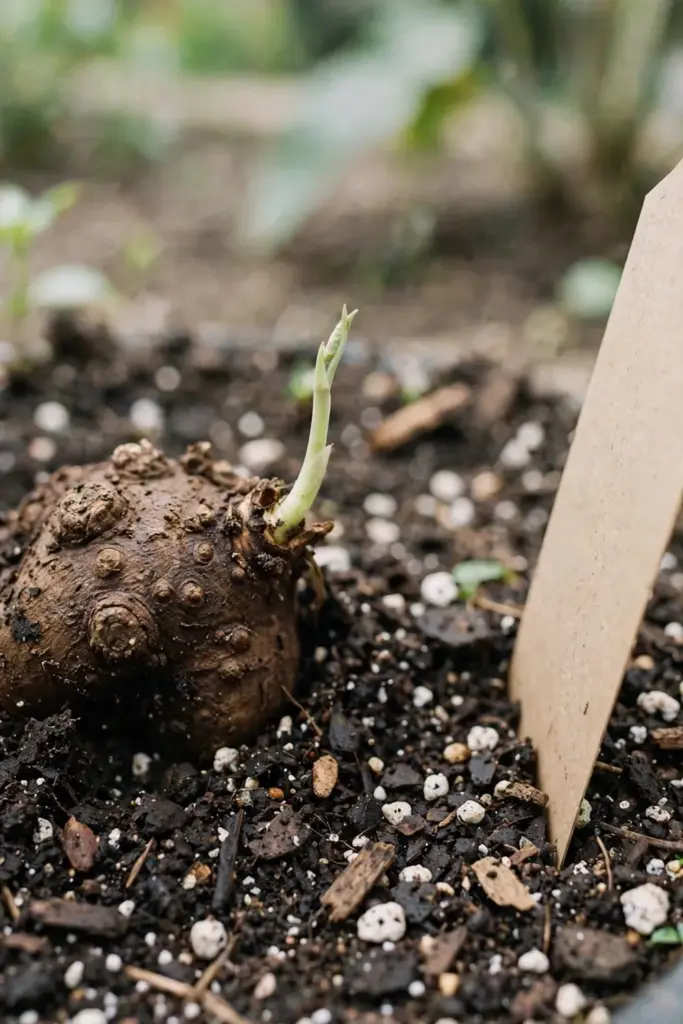 Saved rhizome piece with a first pale sprout in fresh potting mix