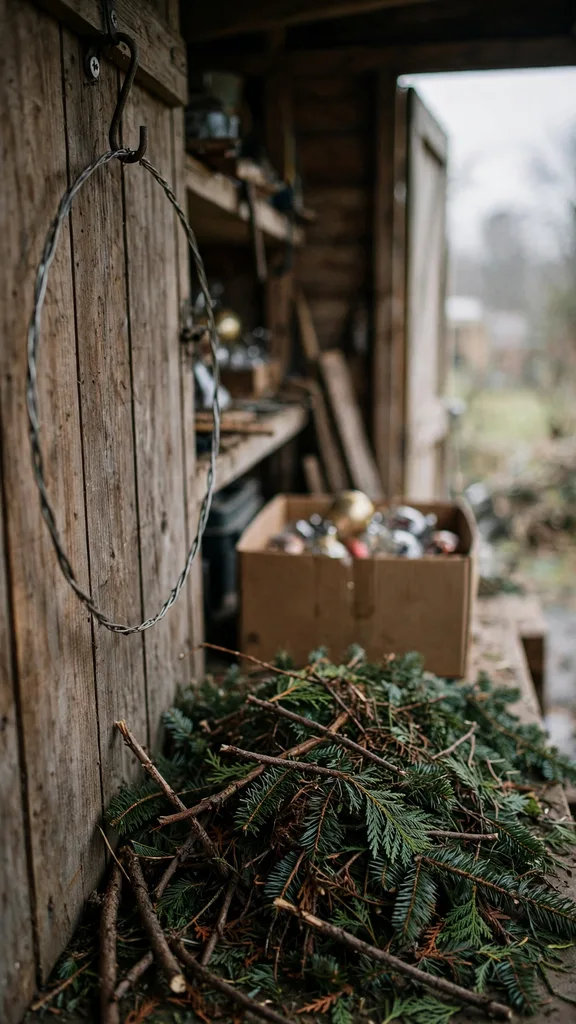 A bare round wire wreath frame saved in a shed beside a pile of composted greenery
