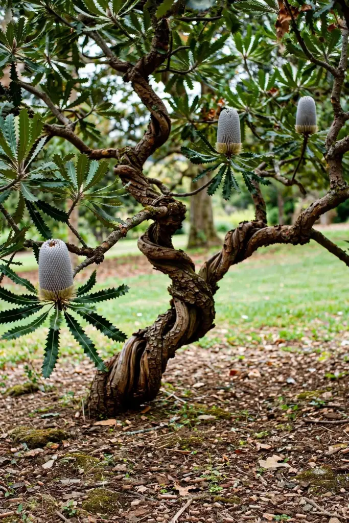 Saw banksia with a gnarled corky trunk and silver-gray spikes