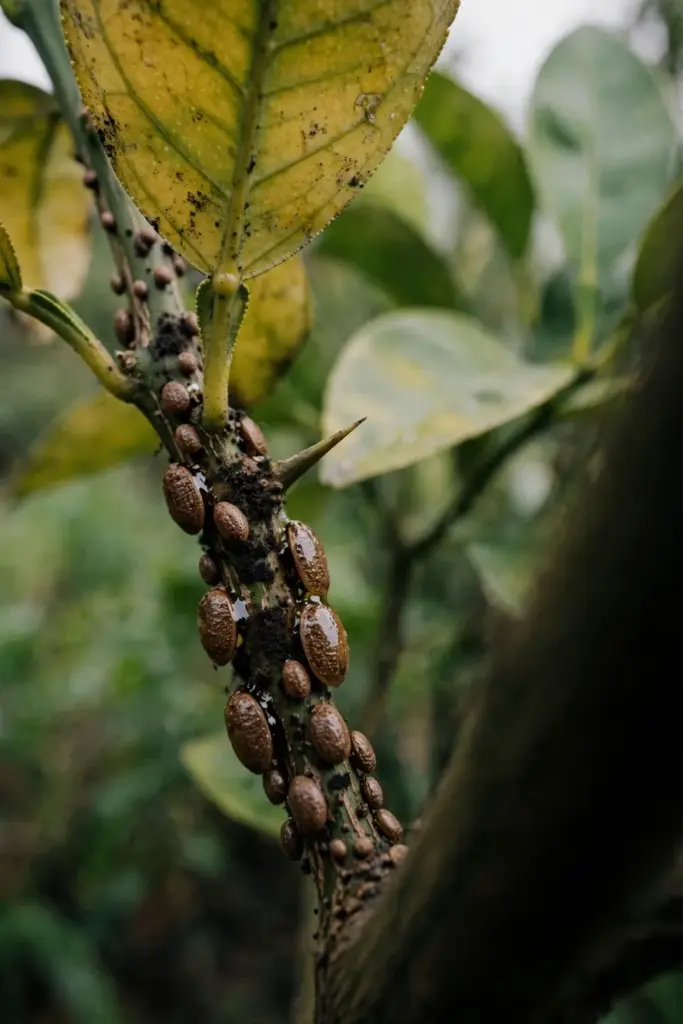 Immobile scale bumps on a citrus stem with yellowing leaves