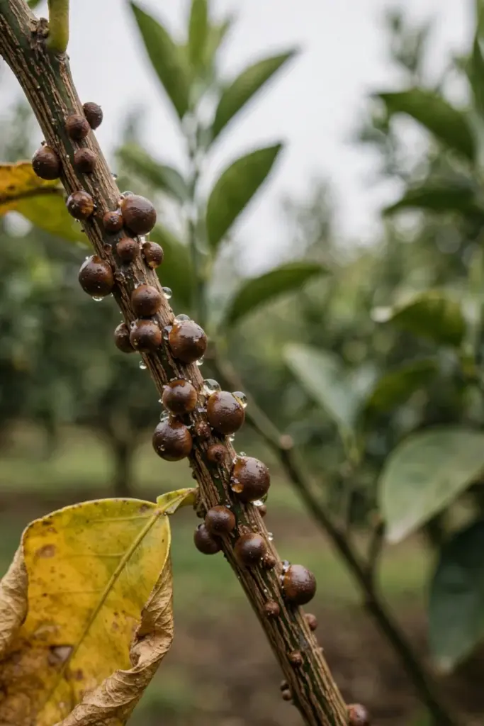 Round brown scale bumps lined along a citrus stem with sticky honeydew