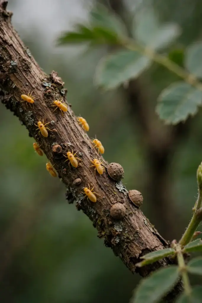 Yellow-orange scale crawlers moving on a twig under a hand lens view