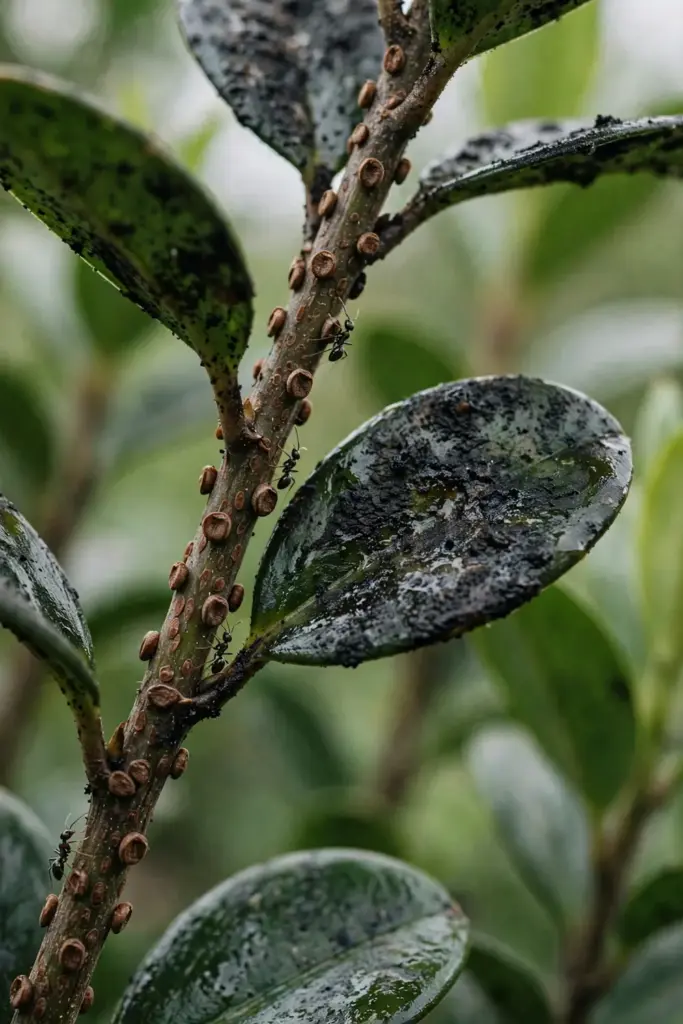 Scale bumps on a lilly pilly stem under black sooty mold