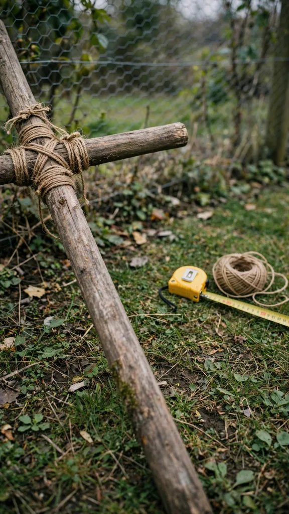 A wooden cross frame for a scarecrow lying on grass before assembly