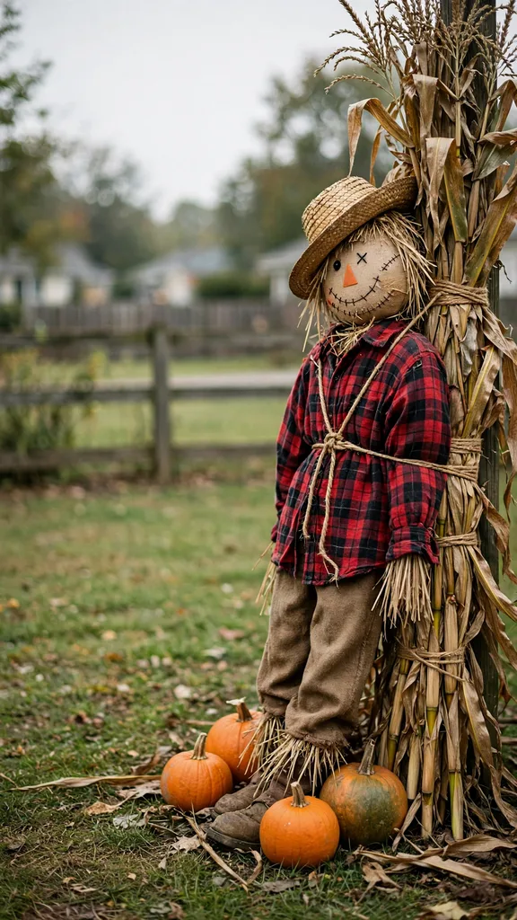 A scarecrow figure leaning against a corn stalk bundle in a yard