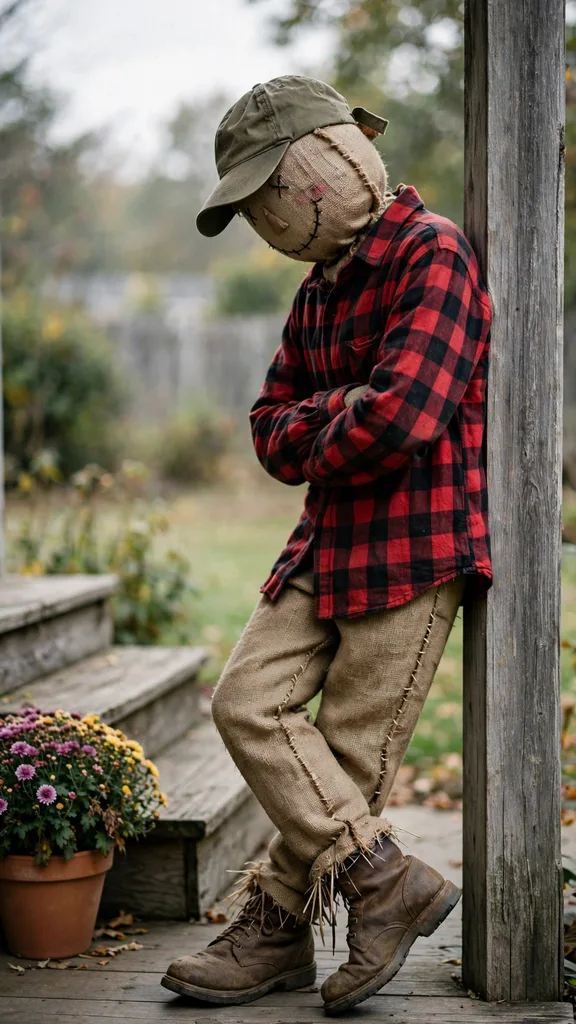A casual scarecrow leaning against a porch post with one boot crossed