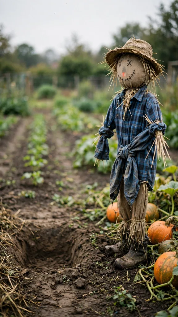A scarecrow standing in a fresh position between different crop rows