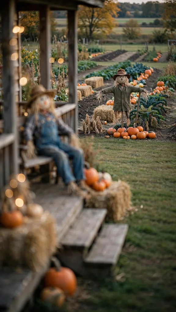 A porch scarecrow and a garden scarecrow seen in one frame across a yard