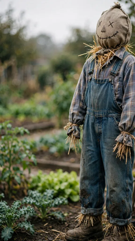 A scarecrow dressed in a worn plaid shirt, overalls, and boots in a garden