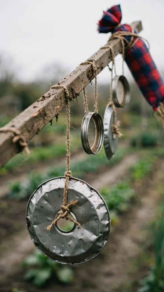 Pie plates and jar lids strung on twine hanging from a scarecrow crossbar