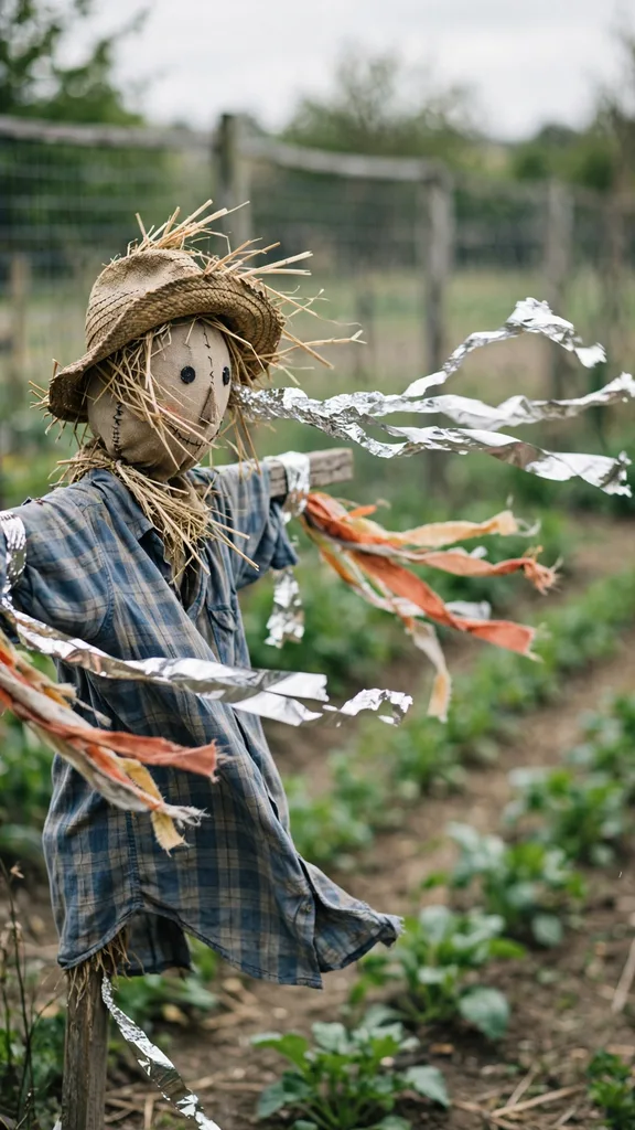 A scarecrow with loose sleeves and ribbon streamers moving in the wind