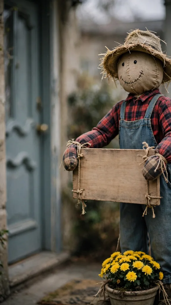 A scarecrow holding a blank wooden welcome sign by a front door