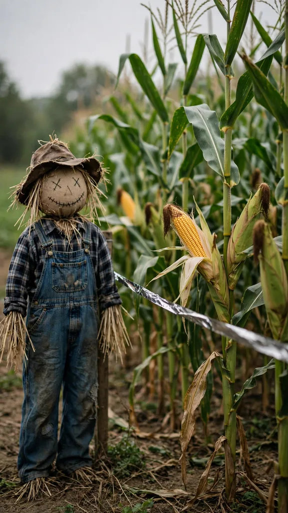 A scarecrow posted at the edge of ripening corn where birds land first