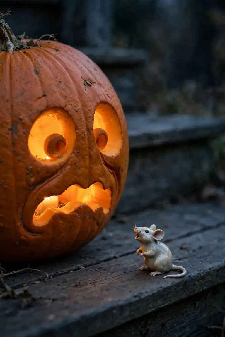 Scared carved pumpkin with huge round eyes staring down at a tiny ceramic mouse standing on the step