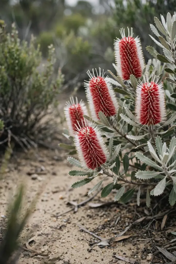Scarlet banksia with red and white bottlebrush spikes at the stem tips