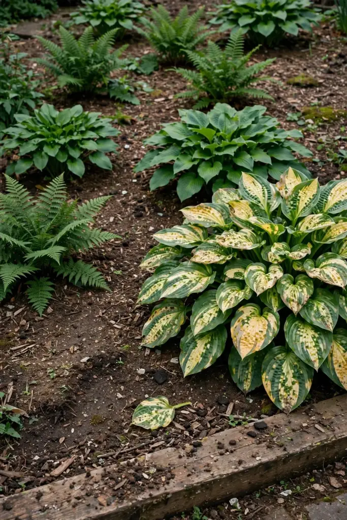 Garden bed with blotchy hostas clustered in one clump among green plants.