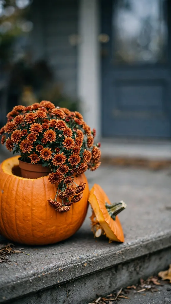 A scooped pumpkin holding a potted mum on a porch step