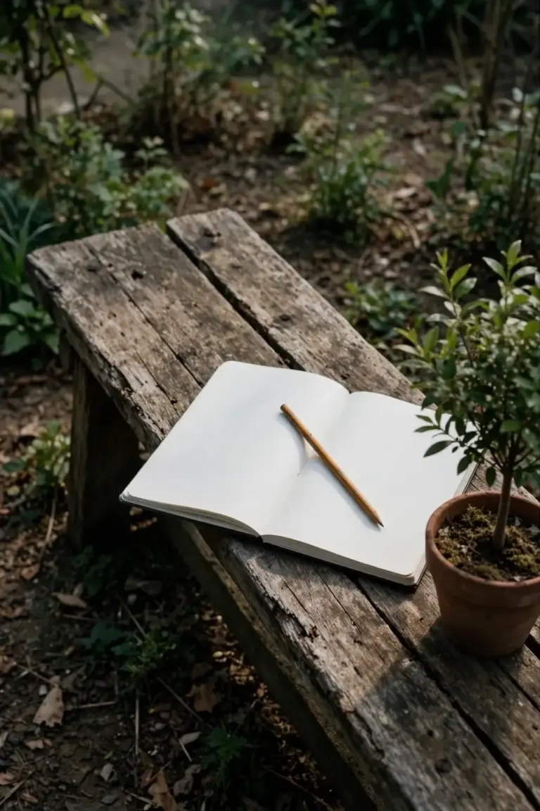 Garden notebook and pencil on a timber bench beside a potted screening tree