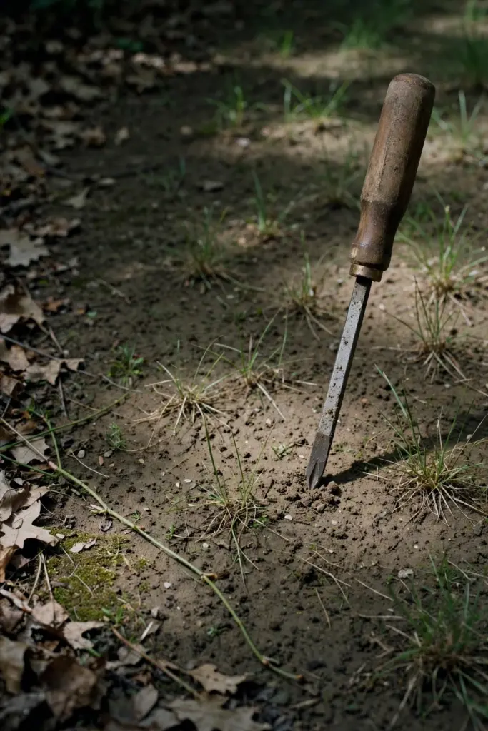 Screwdriver standing in thin shaded Buffalo turf beside a moss speckle