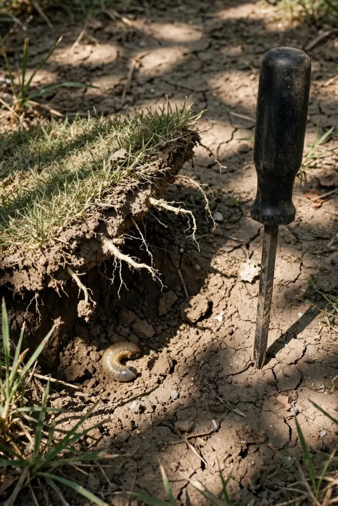Screwdriver standing in bare patch soil beside a lifted turf square