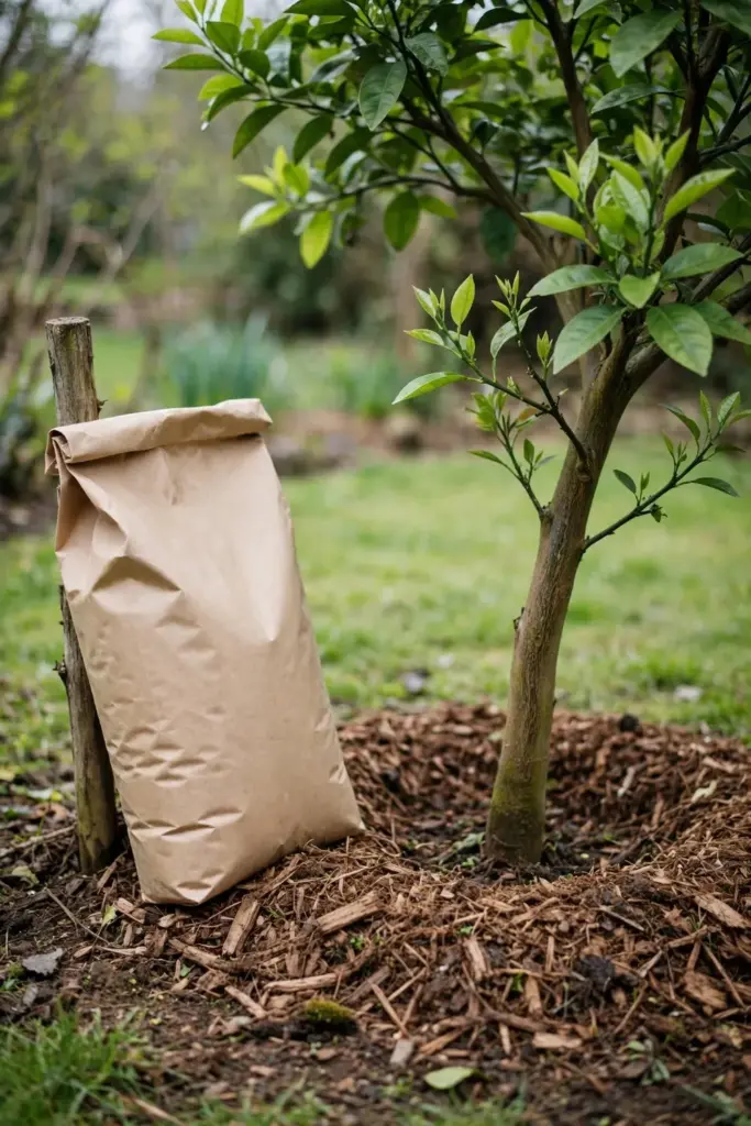 Citrus fertilizer bag and mulch beside a citrus tree in spring