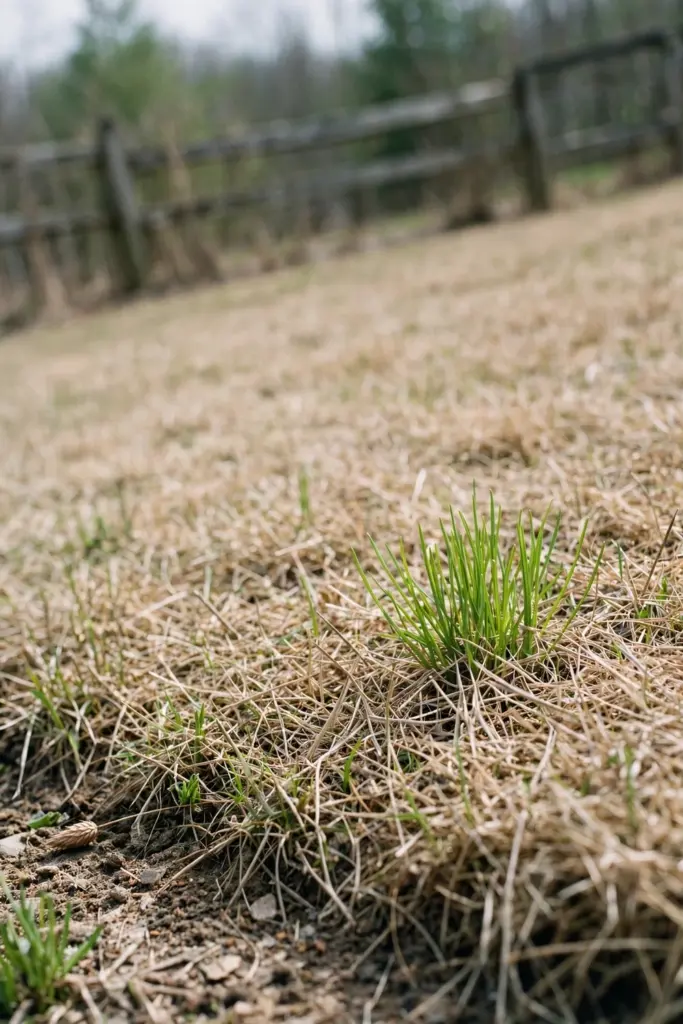 Lawn in early spring with fresh green shoots greening a fading dormant patch
