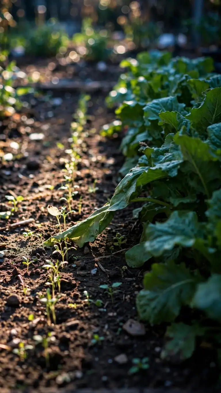 Fresh seedlings emerging in a row beside a mature row of greens