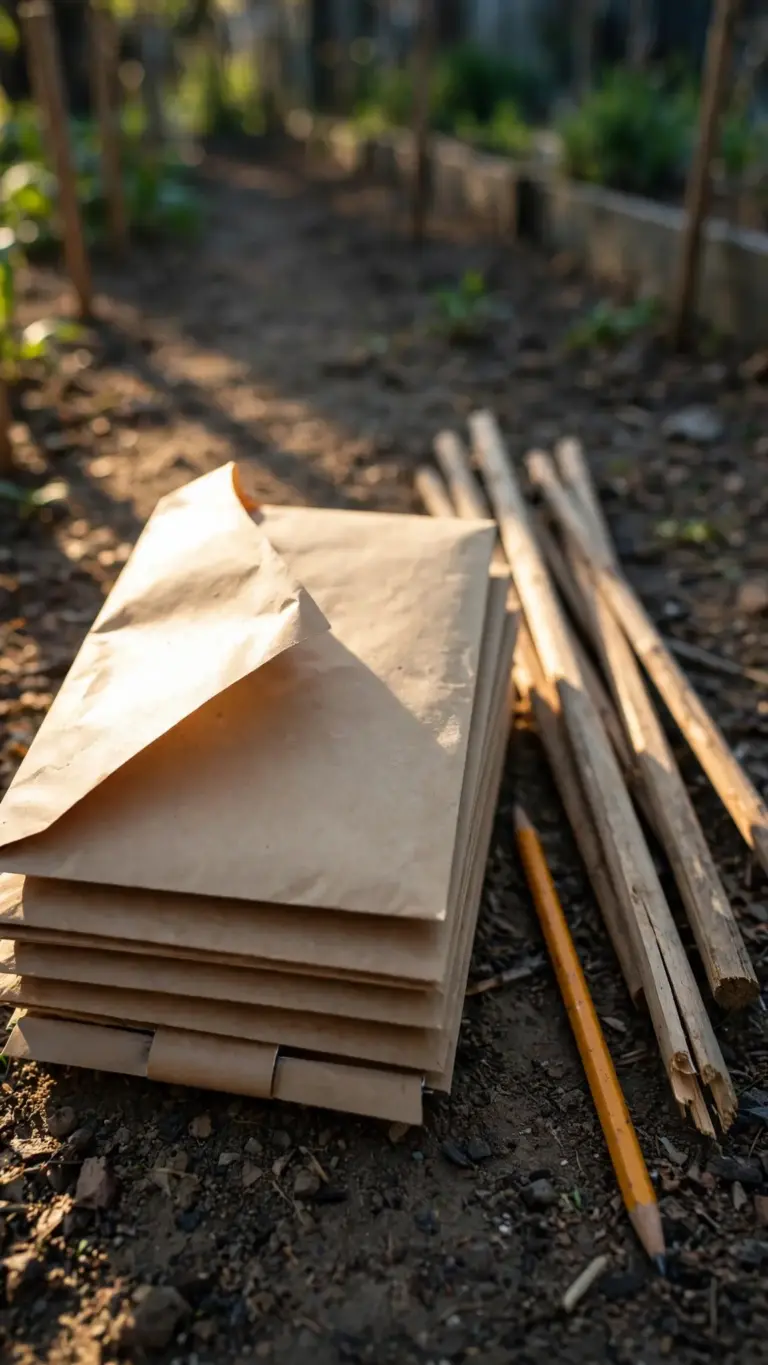 Plain seed envelopes and blank wooden stakes at a row end