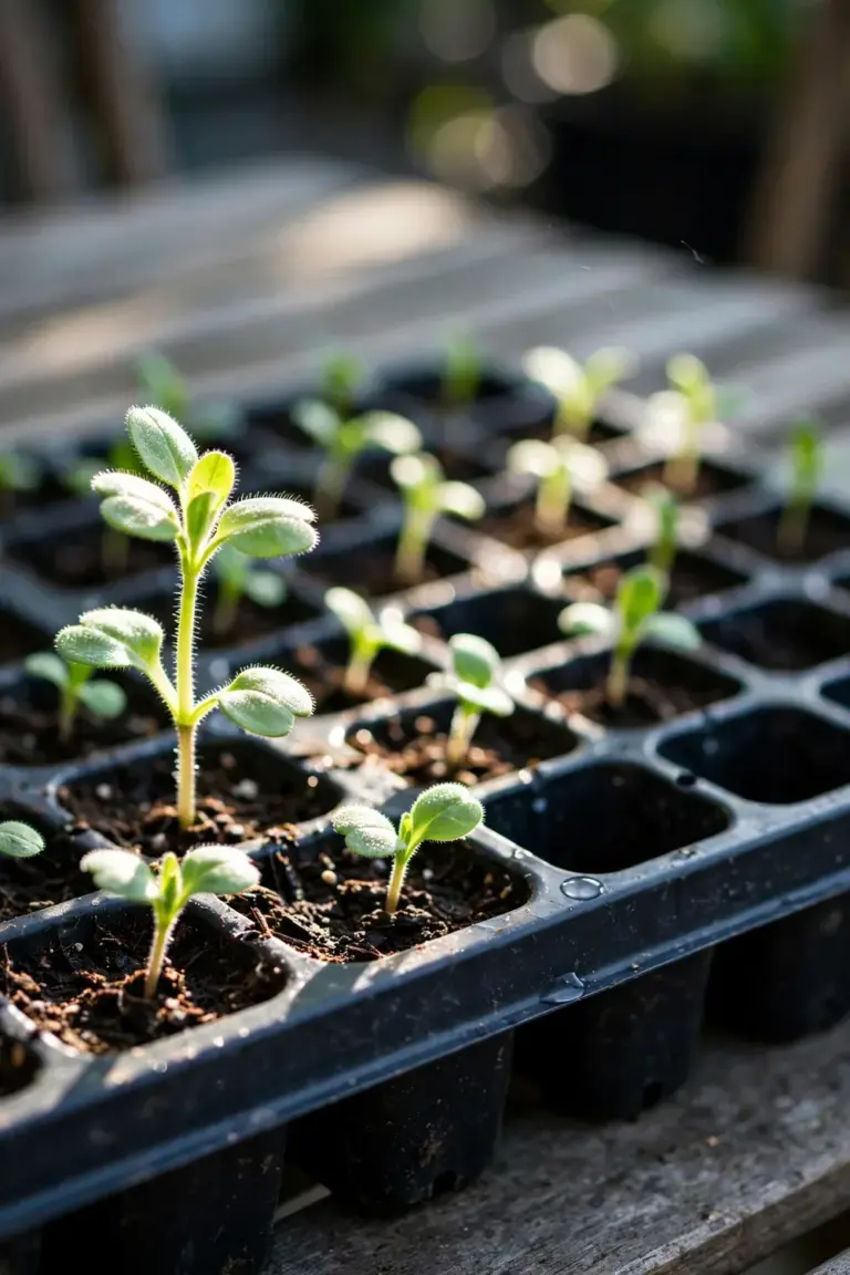 Seed tray of young forget-me-not seedlings in bright shade