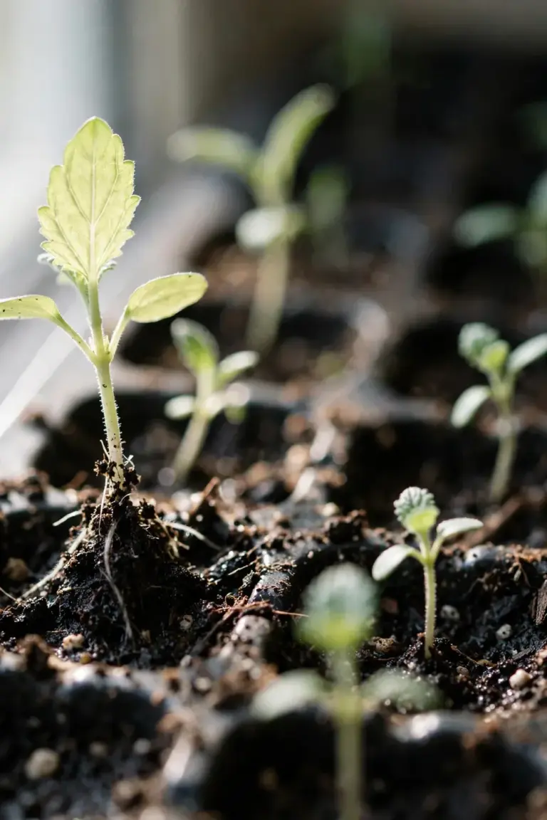 Verbena seedlings sprouting in a seed tray of dark moist mix