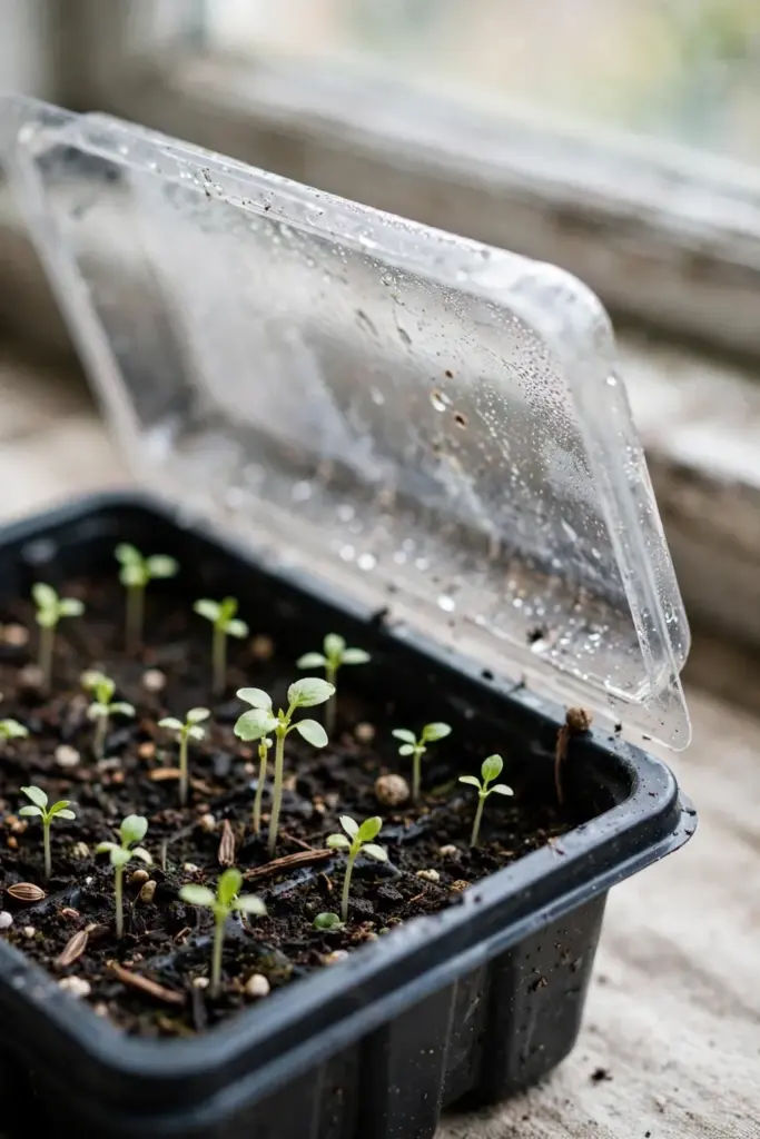 Tiny Java tea seedlings emerging in a covered seed tray