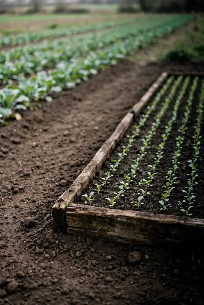 Brassica seedbed set apart from the main crop by bare soil.